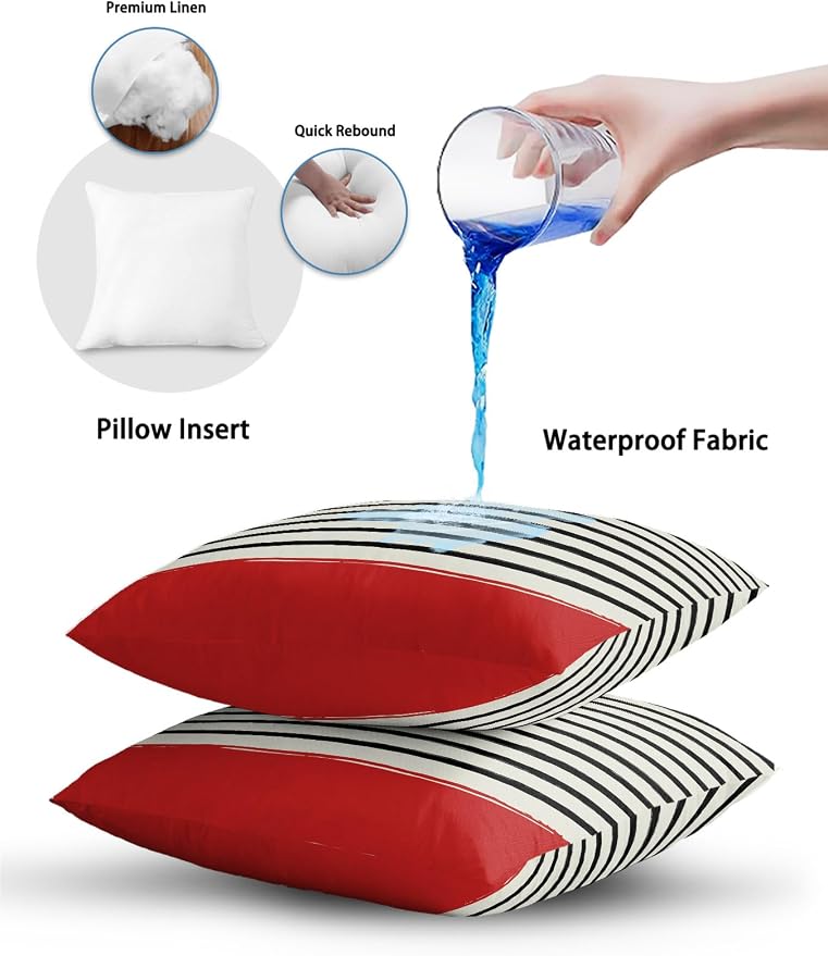 Waterproof Outdoor Pillow Set of 2 Black Stripes Decorative Throw Pillows Cover & Insert 20x12 Inch Lumbar Pillowcase Red Striped Lines Pillows for Couch Sofa Bed Patio Furniture Indoor Outdoor