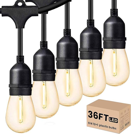 Svater Outdoor String Lights LED 36 FT S14 Commercial Grade Waterproof ETL | Outside Patio Light with Plastic 1 Watt Antique Edison E26 Bulbs, Connectable Hanging Strand for Bistro Cafe Backyard 2700K