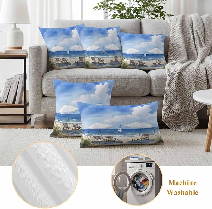Watercolor Summer Beach Outdoor Waterproof Throw Pillow Covers Set of 2, 20"x12", Sun Umbrella Beach Chair Decorative Pillow Covers Outside Cushion Case for Patio Porch Garden