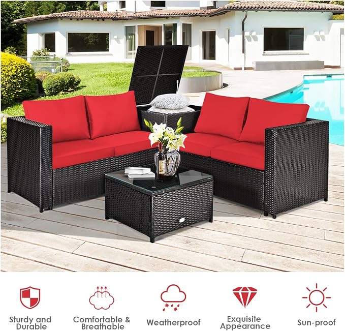 DORTALA 4-Piece Outdoor Patio Furniture Set, Weather Resistant PE Rattan Conversation Set with 2 Loveseats, Outdoor Sectional Sofa Set with Comfy Cushions for Garden and Poolside, Red