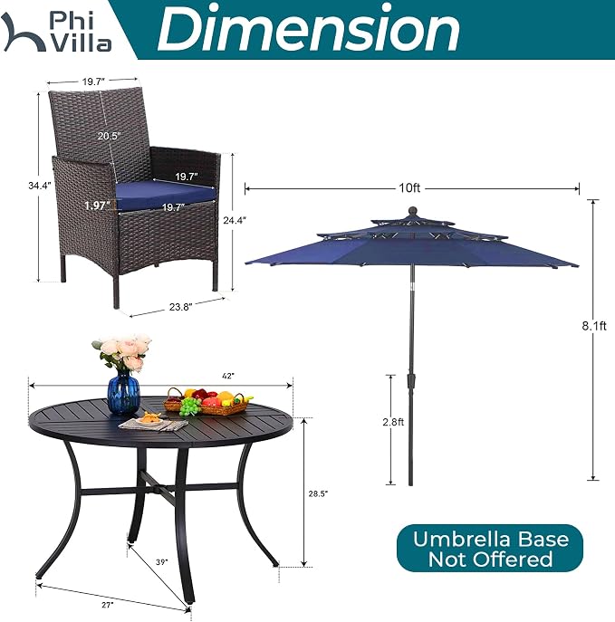 PHI VILLA 5pc Patio Dining Set with Umbrella, Round Table, Rattan Chairs | Outdoor Dining Set for 4, 42" Metal Table & 4 Cushioned Rattan Chairs with Blue Umbrella for Outdoor, Deck, Yard, Porch