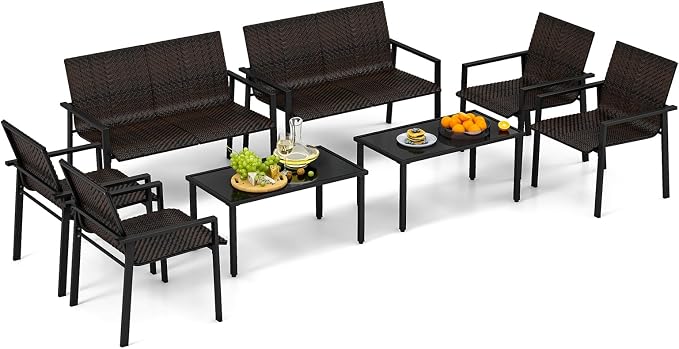 HAPPYGRILL 8 Pieces Wicker Patio Conversation Set with Coffee Table, PE Rattan Chairs with Galvanized Metal Frame, Outdoor Table and Chairs Set for Small Space, Balcony, Poolside, Backyard (Mix Brown)