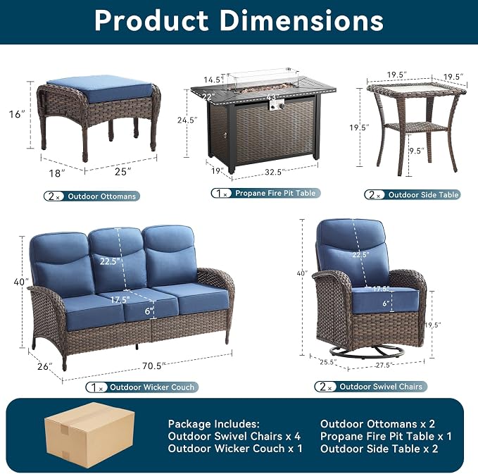 10 Pieces Luxury Patio Furniture Set with 42.5" Fire Pit Table, 6-Inch Thick Cushions Wicker Outdoor Furniture with Swivel Patio Chairs Set of 4, Outdoor Patio Conversation Set for Garden Deck, Blue
