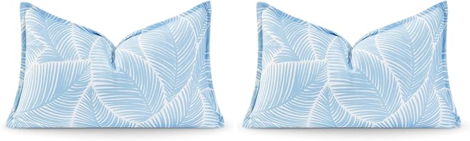 Hofdeco Premium Coastal Hampton Style Patio Indoor Outdoor Lumbar Pillow Cover Only, 12"x20" Water Resistant for Backyard, Couch, Baby Blue Palm Leaf (Pack of 2)