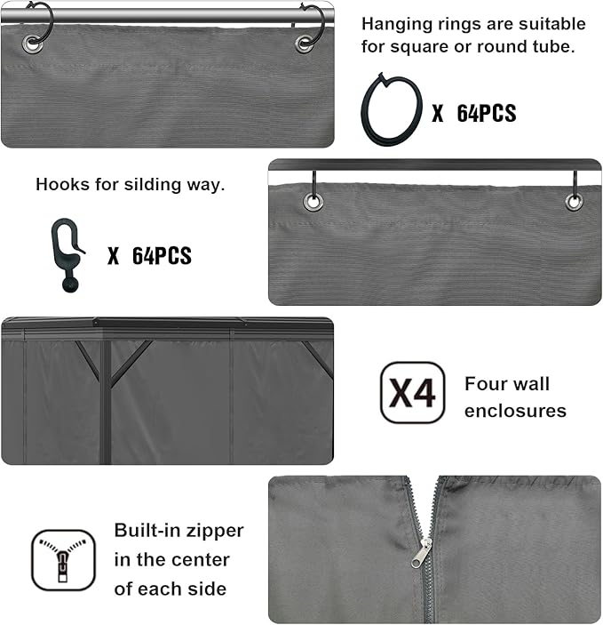 12'x12' Privacy Gazebo Curtains Outdoor Waterproof, 4-Panel Sidewall Curtains Universal Replacement with Zipper for Patio, Backyard, Garden (Grey)