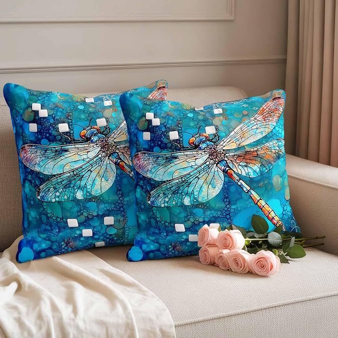 Blue Dragonfly Outdoor Pillow Covers Set of 2 Country Vintage Watercolor Dragonfly Wings Waterproof Throw Pillow Cover Decorative Cushion Cases for Patio Porch Garden 18X18 Inch