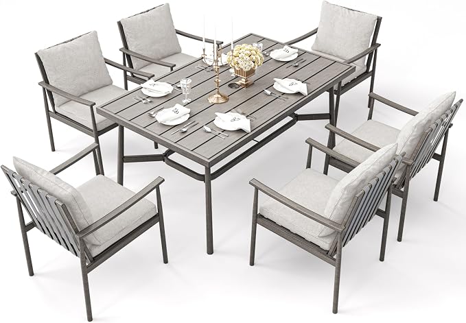 7-Piece Outdoor Dining Set for 6, Aluminum Dining Set with Cushions, 6 Dining Chairs with Rope Backrest, Large Rectangular Table with Umbrella Hole, Patio Dining Set for Lawn Porch Yard,Grey