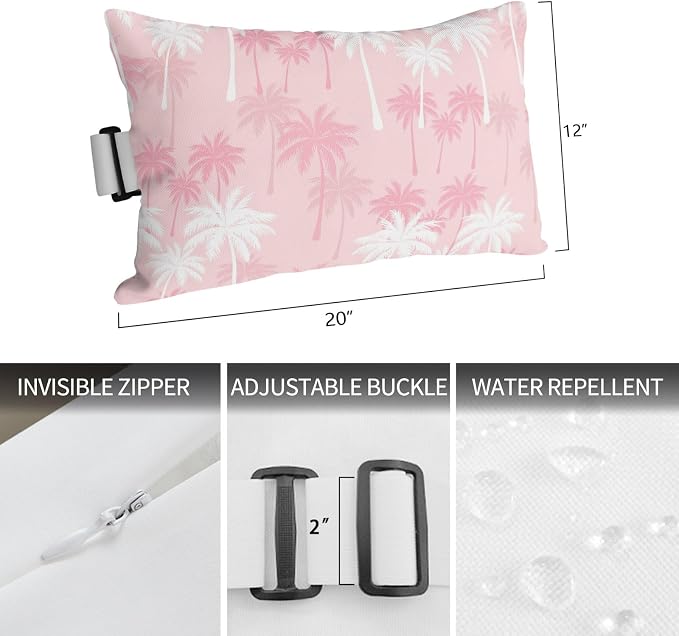 Tropical Palm Tree Outdoor Pillows for Chaise Lounge Chair Beach Headrest Pillow Set of 2 Waterproof Lumbar Pillows with Insert&Strap Pink White Plants Coastal Leaf Beach Pool Pillow 12"x20"