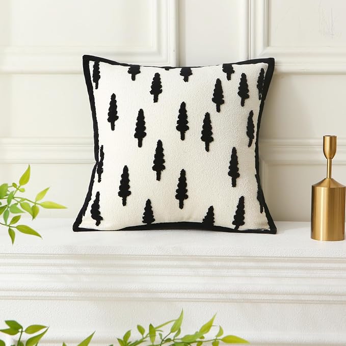 Boho Tufted Chenille Throw Pillows with Inserts, 18 x 18 Inch Soft Square Decorative Pillows, Modern Farmhouse Cushions for for Home, Patio, Couch, Bedroom, Living Room (Black Tree)