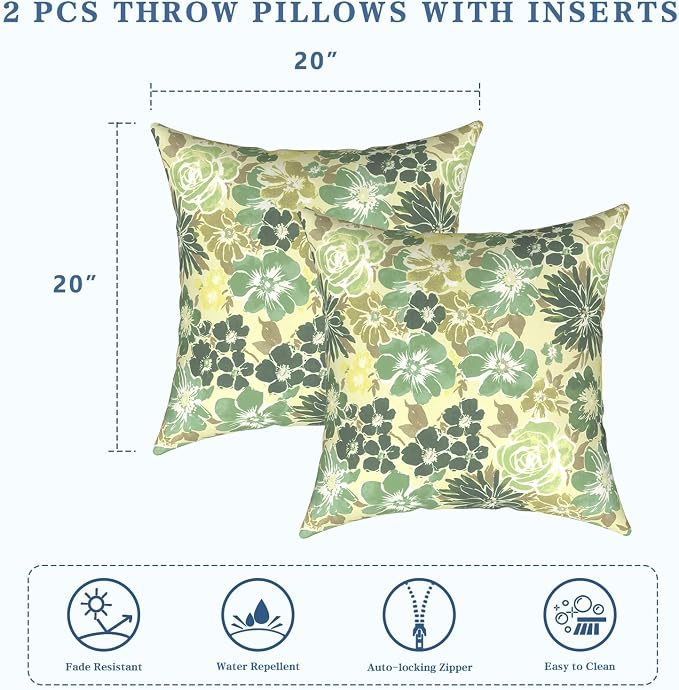 LVTXIII Outdoor Pillows 20x20 Inch, 2 Pack Large Decorative Square Throw Pillows with Inserts for Couch, Bed, Floor Seating, Patio Furniture, Green Rose