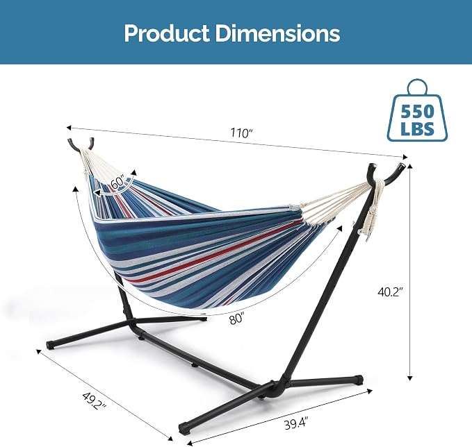 Portable Outdoor Polyester Hammocks Set,Professional Hammock Stand,Outdoor Patio Hammocks,Indoor Swing Hammock Chair Set,with Carry Bag,for Outside Patio Porch Beach Backyard (Blue & Purple)