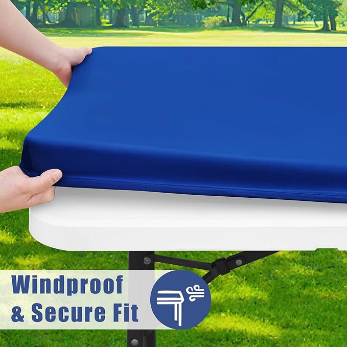Moosfor Spandex Picnic Table Cloth 2 Pack, Elastic Fitted Tablecloths for Square Tables, Stretch Washable Patio Table Cover for Outdoor, Camping, Banquet and Parties (Blue, 34"x34")