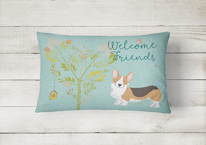 Caroline's Treasures BB7609PW1216 Welcome Friends Pembroke Welsh Corgi Tricolor Canvas Fabric Decorative Pillow Machine Washable, Indoor Outdoor Decorative Pillow for Couch, Bed or Patio, 12HX16W