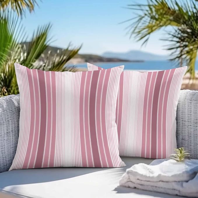 Outdoor Waterproof Throw Pillow Cover, Farmhouse Watercolor Pink Gradient Line Decorative Pillows Cushion Covers, Rustic Ombre Striped 2 Pack Pillow Cases for Patio Garden Balcony Couch Sofa 24x24in