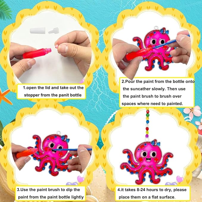 AUEKIV 32 Sets Summer Ocean Beach Suncatchers Window Art DIY Kits Sea Animals Sun Catcher Paint Your Own Crafts Window Hanging Ornaments for Home Activity Art Project Birthday Party Favors