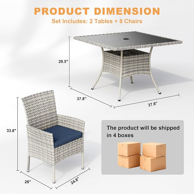 10-Piece Patio Dining Set, Patio Furniture Set with Square Tempered Glass Table & 8 Wicker Chairs, Expandable Design for Larger Groups, Outdoor Furniture for Backyard, Deck, Garden, Navy Blue