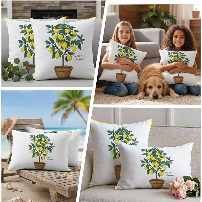 Summer Yellow Lemons Outdoor Waterproof Pillow Covers Set of 2, Green Leaf Botanical Garden Frame Pillowcase Decorative Throw Cushion Cases for Patio Garden Couch 18 x 18 Inches