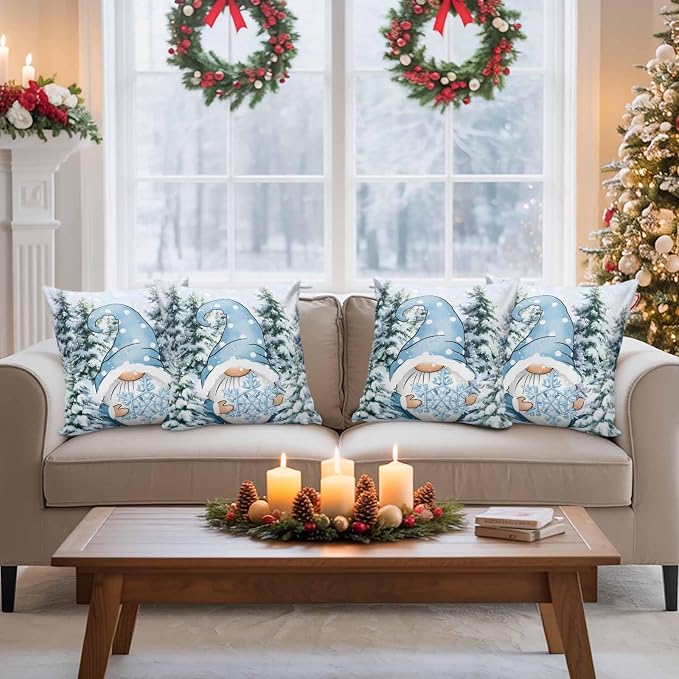 Christmas Gnome Outdoor Pillow Covers Set of 2, Xmas Blue Snowflake Decorative Waterproof Throw Pillowcase Winter Snowy Pine Forest Cotton Linen Soft Cozy Cushion Cover Pillowsham 16x16In