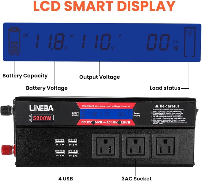 5000 Watt Power Inverter with LED Display, 3 AC Outlets, 4 USB Port, 12V DC to 110V AC Converter Car Power Inverter for Car, RV, Truck, Off Grid Solar System, Camping