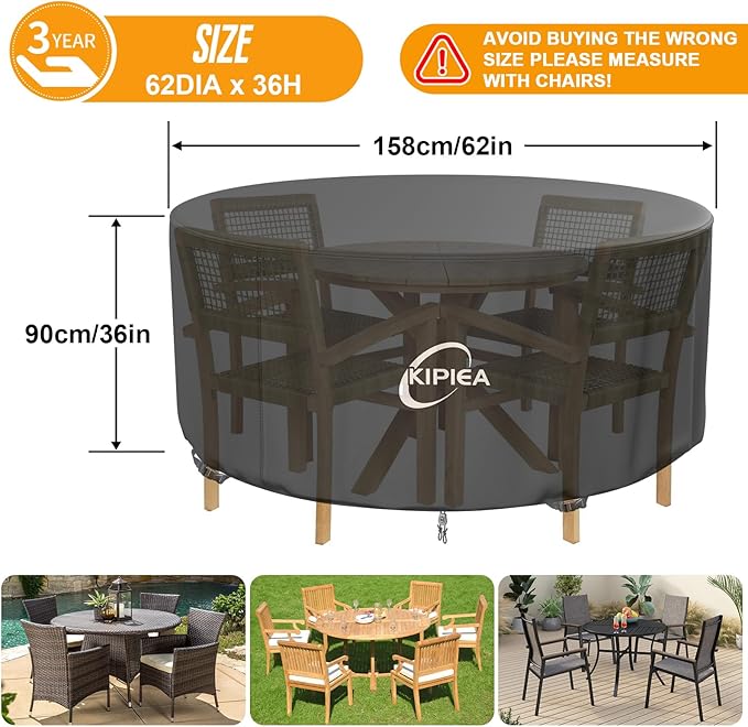 Kipiea Round Patio Table cover Waterproof, Heavy-Duty Round Patio Furniture Covers, No Tears Anti UV No Fading (62" Dia x 36" H)
