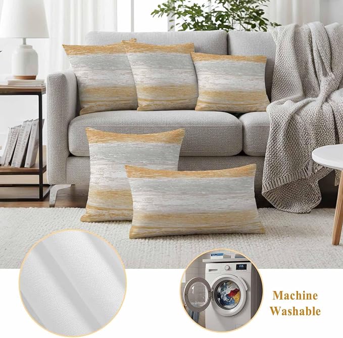 Orange Gray Outdoor Pillow Covers 20"x12" Set of 2, White Gradient Rustic Striped Minimalist Country Waterproof Throw Pillow Covers for Patio Furniture, Decorative Cushion Covers for Porch