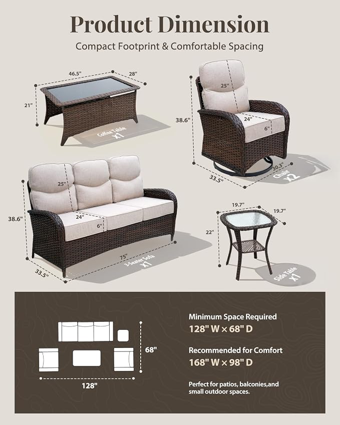 Patio Furniture Set with Luxury 6" Cushions, 5 Pcs High Back Swivel Rocking Patio Chairs and Couch, Outdoor Wicker Conversation Set for Deck, Porch, Backyard, Poolside, Beige