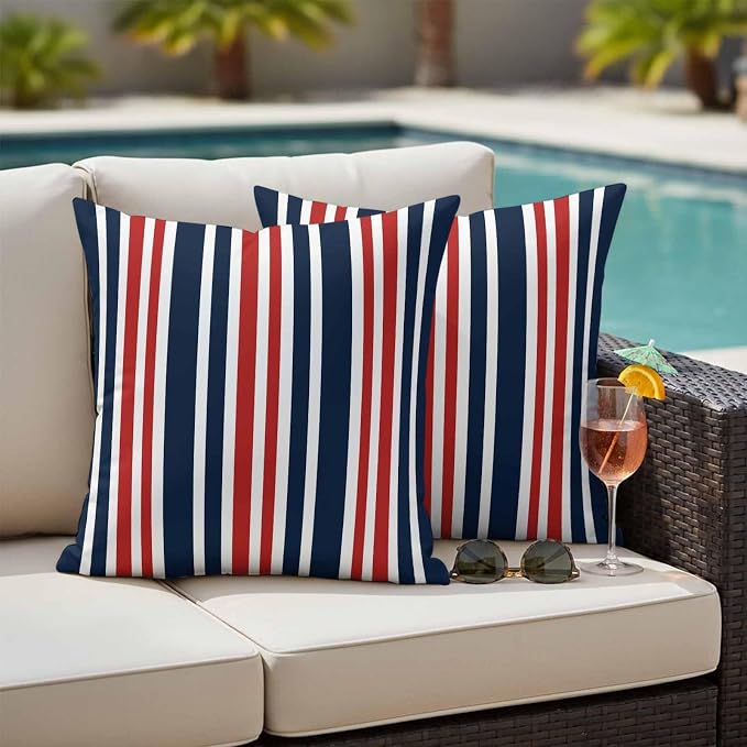 Waterproof Pillow Covers Set of 2,Patriotic Red White Blue Striped Outdoor Pillow Protectors with Zipper Pillowcases for Patio Tent Garden Beach 20x20 Inches Minimalist Geometric