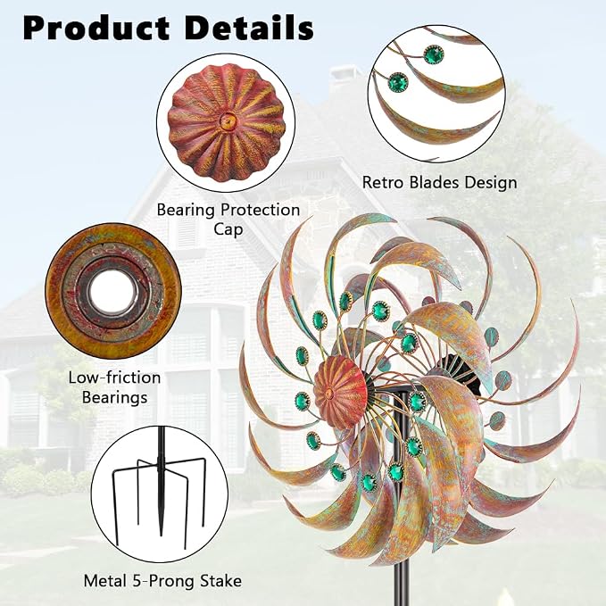 VEWOGARDEN Garden Metal Wind Spinners Outdoor Kinetic Wind Sculptures & Spinners for Yard Lawn Patio Decorations, Copper Green