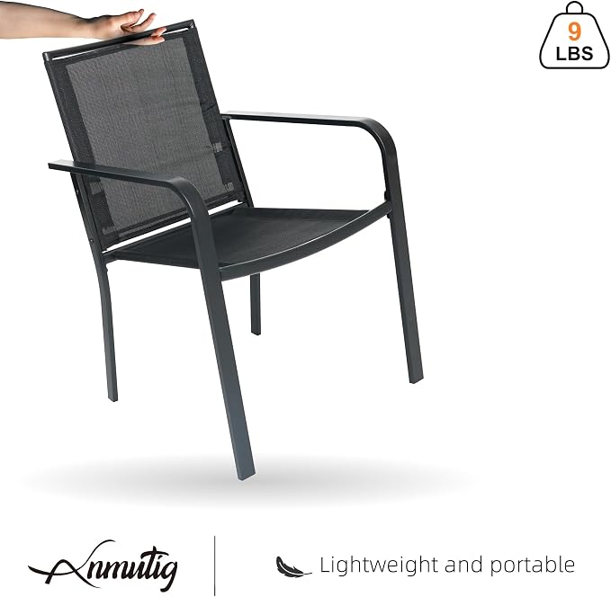 Patio Small Dining Set of 3 with 27.5" Square Table, Black Stacking Chairs | Stackable Chairs, Metal Square Table, Slat Table Top, 2 Person Use, All Weather, Textilene fabric Seat and Back
