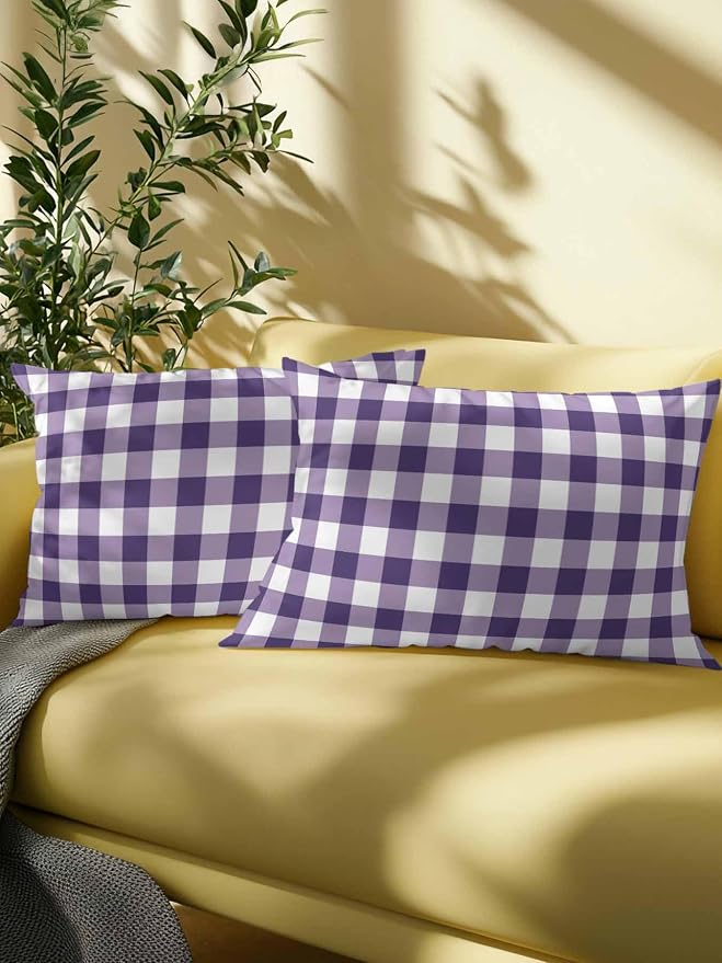 Waterproof Outdoor Pillow Set of 2 Purple Buffalo Plaid Decorative Throw Pillows Cover & Insert 20x12 Inch Lumbar Pillowcase Check Lines Pillows for Couch Sofa Bed Patio Furniture Indoor Outdoor