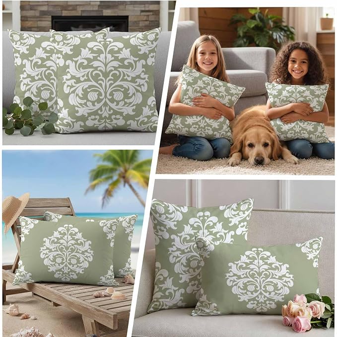 Outdoor Pillow Covers Set of 2, Luxury Flower Sage Green Decorative Throw Pillow Covers 18X18IN, Abstract Floral Throw Pillows Protector Cushion Case for Patio,Couch,Sofa,Garden