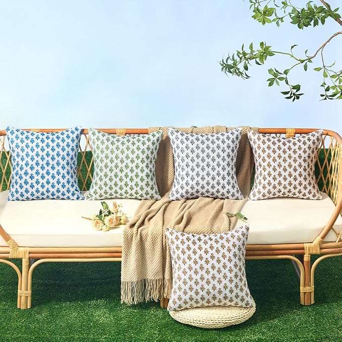 Outdoor Pillow Covers 16x16 Set of 2 Boho Blue Floral Accent Print Decorative Throw Pillow Cases for Outdoor Waterproof Patio Furniture Garden Porch Sofa Bed Cushion Covers Home Decor JB005-B16