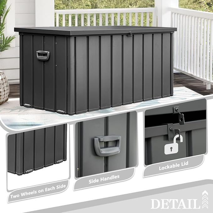 Domi 100 Gallon Deck Box, Metal Outdoor Storage Box with Lock Wheels, Waterproof Outside Storage Box for Patio Cushions