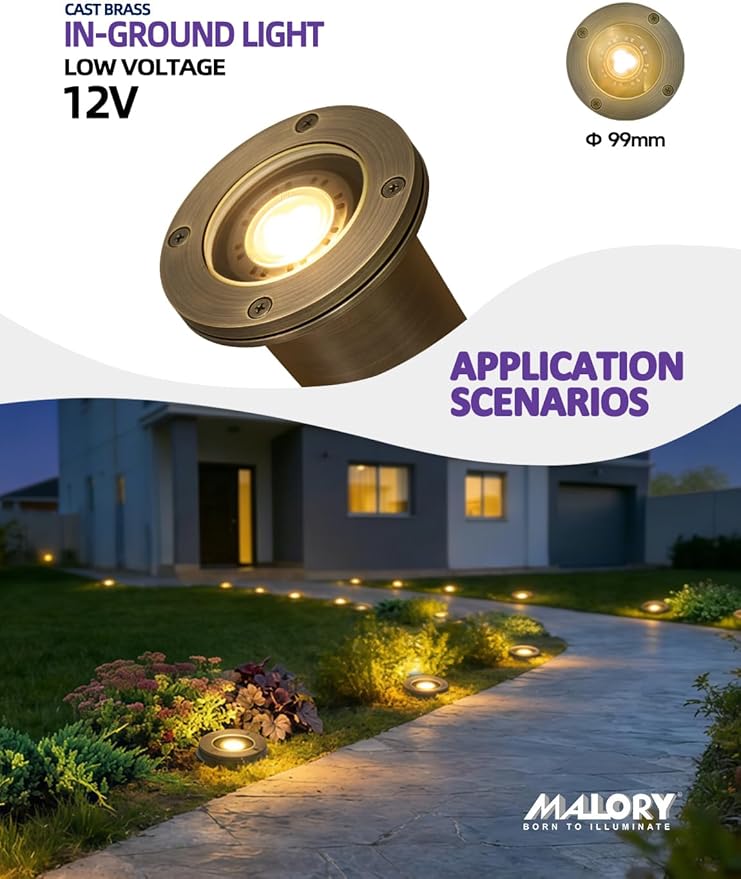 MALORY Brass Landscape Well Lights,(φ99 mm) 12V Low Voltage Outdoor In Ground Lights,Landscape Lighting for Pathway, Driveway and Garden (Full Brass -01A, 4-Pack with Bulb)