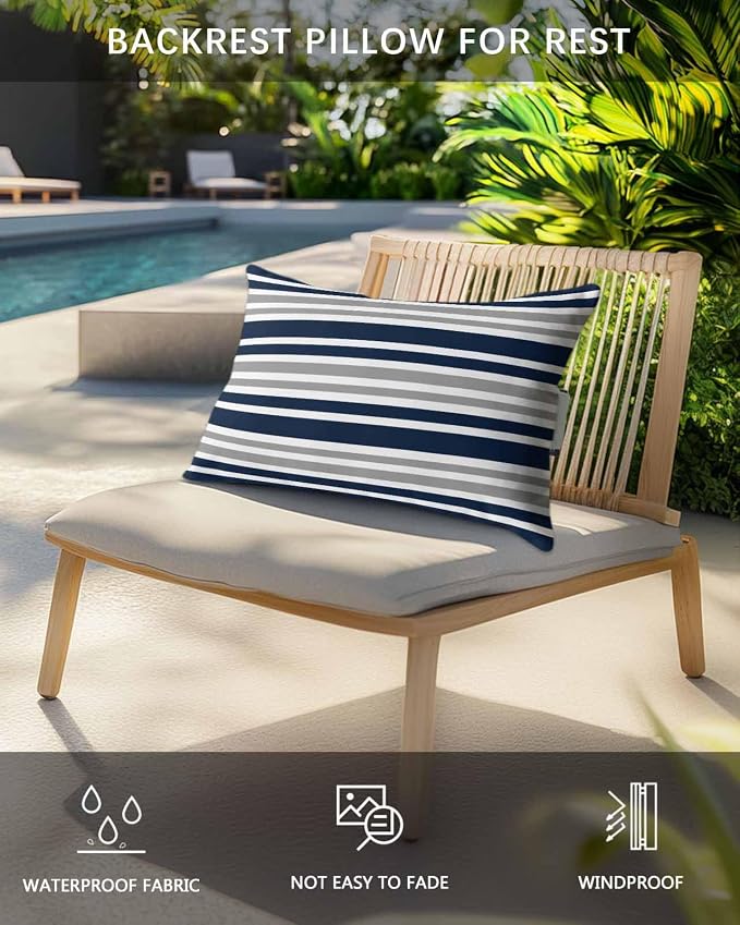 Blue and Grey Striped Outdoor Pillows with Insert Blue Grey White Geometric Waterproof Patio Pillows with Adjustable Strap Decorative Head Recliner Lounger Chair Throw for Patio Furnitures 2 Pack