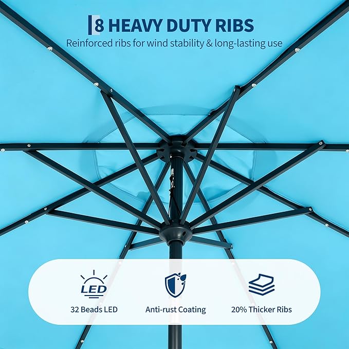 Garvee 9FT Patio Umbrella with 32 Solar LED Lights, Outdoor Table Market Umbrella with Tilt and Crank, 8 Sturdy Iron Ribs Sun Shade for Garden, Deck, Backyard and Pool, Turquoise Blue
