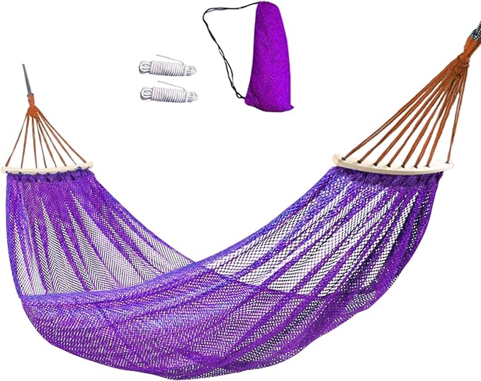 Wooden Bar Portable Camping Hammock, Cool Ice Silk Mesh Hammocks with Tree Straps Carry Bag, Single Hanging Sturdy Hammock for Travel Patio Garden. Up to 550lbs. Purple