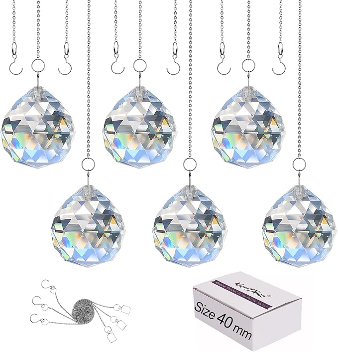 MerryNine Clear Crystal Sun Catcher Suncatcher Prism Ball with Metal Chains | 6 Pack, 1.6"/40mm, Rainbow Pendant Maker, Crystal Beads, for Feng Shui, Home Room Decor, Indoor Windows, for Gift, DIY