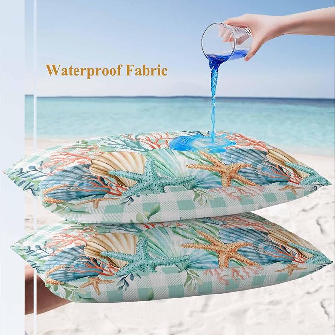 Lumbar Pillow Covers 20x12 Inch Set of 2, Summer Coastal Waterproof Outdoor Pillow Covers, Watercolor Corals Shells Starfish Green Plaid Decorative Cushion Pillowcases for Couch, Sofa, Bed, Patio