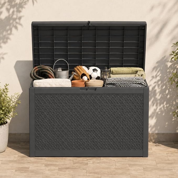 102 Gallon Outdoor Storage Box, Resin Deck Box Waterproof & Lockable, Patio Cushion Storage Bench for Garden, Pool, Furniture & Tools, UV Resistant Heavy Duty, Black