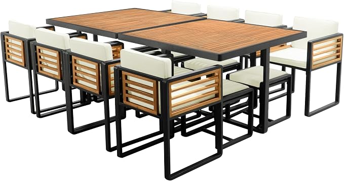 18-Piece Outdoor Patio Acacia Wood Dining Table Set, 2 Square Table with 8 Cushioned Chairs& 8 Stools, All-Weather Resistant Conversation Set with Metal Frame, Space-Saving Design for 8 (Beige-18P)