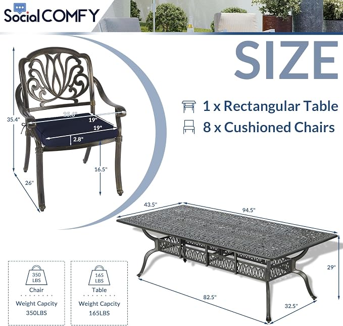 9-Piece Patio Cast Aluminum Dining Set, Outdoor Dining Furniture Set for 8 Person, Includes 94.5" Rectangular Dining Table and 8 Cushioned Chairs with Umbrella Hole, Navy Blue