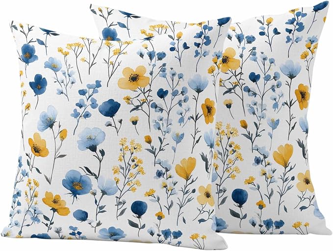 Watercolor Blue Outdoor Waterproof Throw Pillow Covers Set of 2, 26"x26", and Yellow Flower Leaves Spring Plant Decorative Pillow Covers Outside Cushion Case for Patio Porch Garden