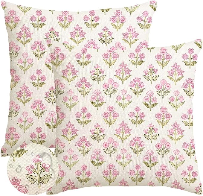 RABUSOFA Pink Vintage Floral Summer Pillow Covers Set of 2,Seasonal Flower Oudtdoor Decorative Throw Cuchion Cases Spring Summer Decorations for Home Patio Couch Decor 16x16 Inch