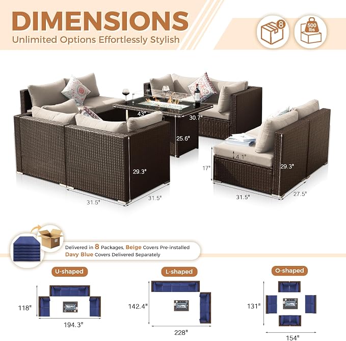 BULEXYARD 9 Pcs High Back Outdoor Sectional Set with Firepit Table, Luxury Patio Furniture Seating Set, Oversized Wide Deep Modular 8-Seater Couch Sofa for Backyard, Brown Wicker & Navy Blue Cushion