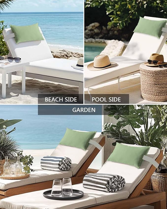 Outdoor Pillow for Lounge Chair with Strap & Insert Sage Green Recliner Head Pillow Solid Green Color Waterproof Headrest Patio Lumbar Pillows for Beach Pool Office Chaise Chair 12x20 Inch