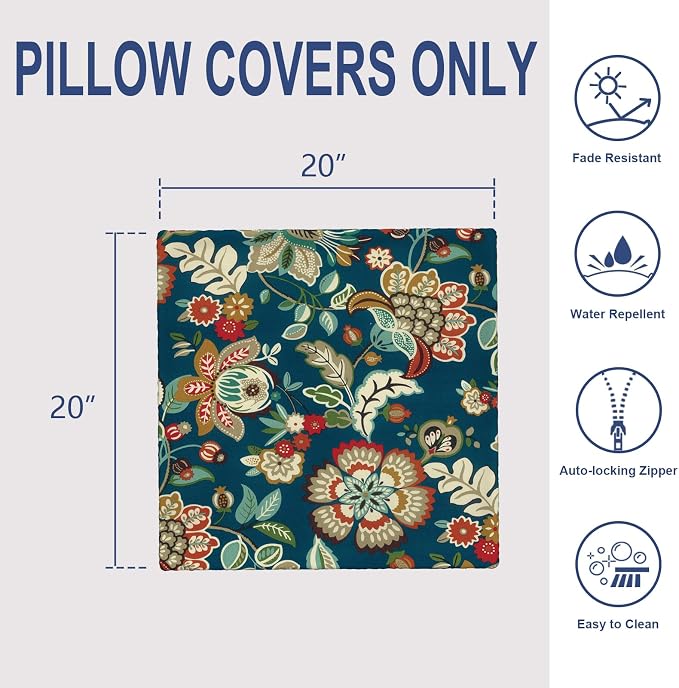 20x20 Inch Pack of 2 Patio Throw Pillow Covers ONLY, Water Repellent Cushion Cases, Square Pillowcases for Outdoor Couch Decoration, Peacock Blue