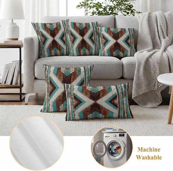 Aztec Southwestern Outdoor Pillow Covers 18"x18" Set of 2, Vintage Abstract Brown Turquoise Diamond Waterproof Throw Pillow Covers for Patio Furniture, Decorative Cushion Covers for Porch