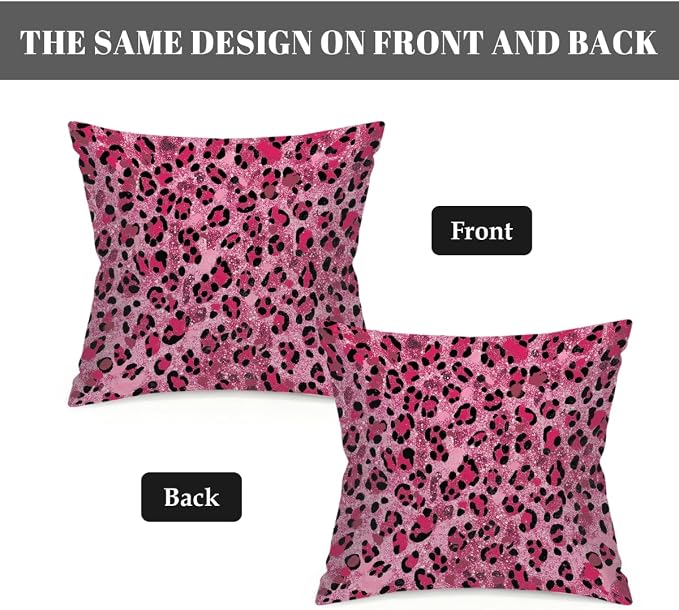 16x16 Inch Outdoor Pillow Covers Set of 2 Waterproof Throw Pillow Covers Decorative Couch Cushion Covers Pink Glitter Leopard Print Square Pillowcases Protectors for Patio Garden Sofa