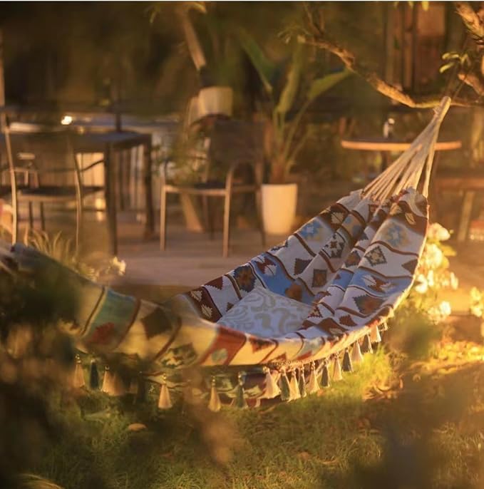 Double Boho Macrame Hammock with Tassels, Portable Patio Hammock with Carry Bag for Poolside, Camping, Porch Patio, Bedroom, Balcony, Outdoor＆Indoor（59''*79''）